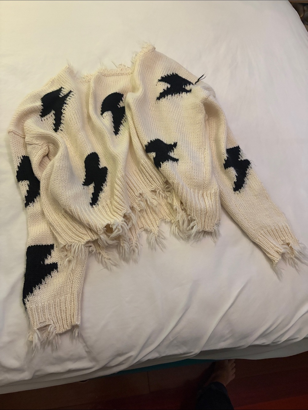 Distressed Cream Knit Sweater with Black Bird Motif